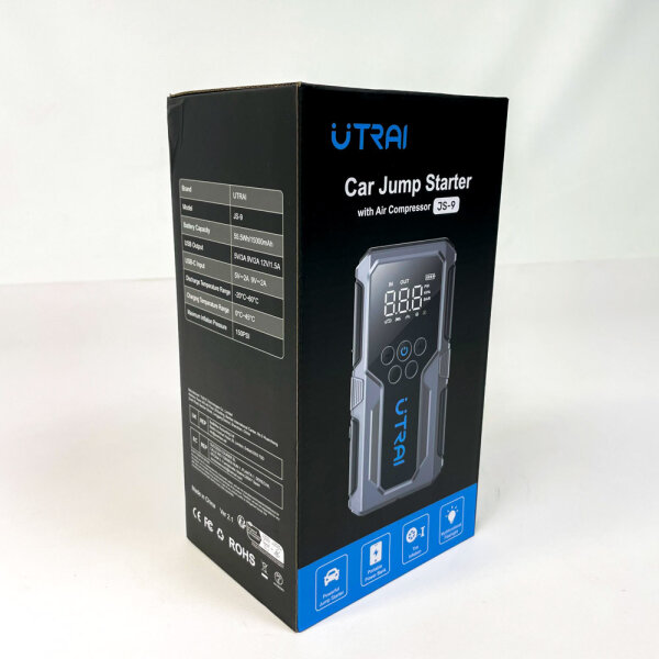 UTRAI JS-9, Jump Starter Power Bank, 4,500 A, 15,000 mAh, Compressor, 18 W Fast Charging Function, Flashlight, Jump Start for up to 8.5 Petrol and 6.5 Diesel Engines