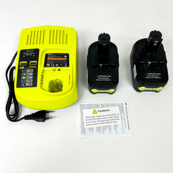LabTEC RB18L50 18V 5Ah Ersatzakku für Ryobi, 2er-Pack mit Dual-Port-Ladegerät, USB-Ladegerät-Set für P107 P108 RB18L15 RB18L40