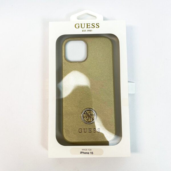 Guess GUHCP15SPS4DGPD Hardcase Metal Logo Rhinestone Leather Gold for Apple iPhone 15, 6.1″