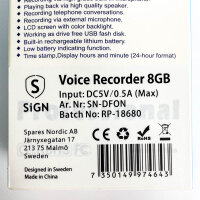 SiGN SN-DFON Dictation Machine, 8 GB, LCD, MP3, DC5V / 0.5A (Max), USB