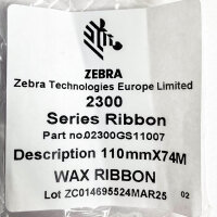 12x Zebra 2300, Wachs-Farbband, 110 mm × 74 m, Schwarz, 02300GS11007