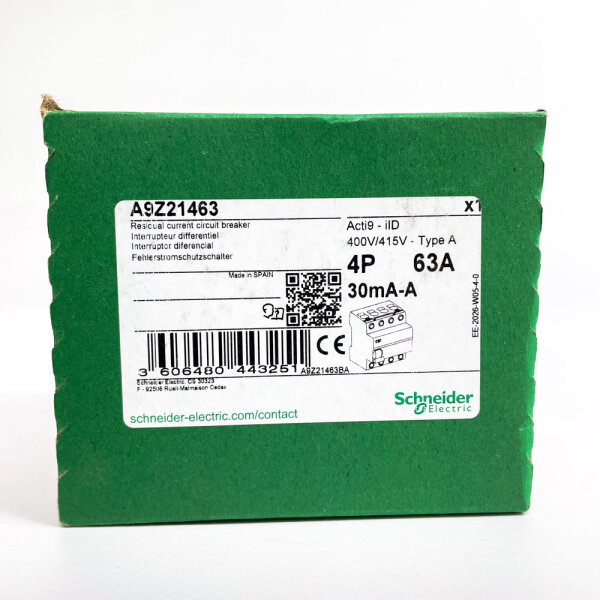 Schneider Electric A9Z21463 Residual Current Circuit Breaker (RCCB), 4-pole, 63 A, 30 mA, Type A, white