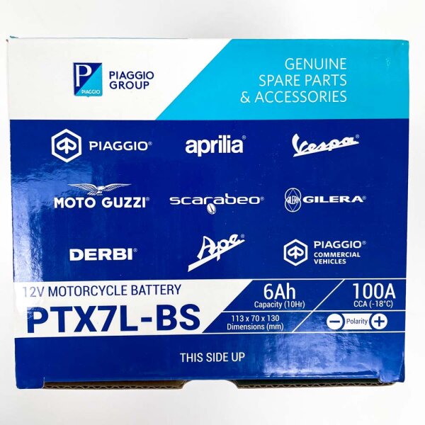 Piaggio PTX7L-BS Motorradbatterie 12 V 6 Ah 100 A CCA 113×70×130 mm