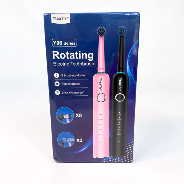 YteaTh Pro Y06W, rotierende E-Zahnbürste, 10 Köpfe, 2 Reiseetuis, 5 Modi, IPX7, 1800 mAh, 2er-Pack, Schwarz-Pink, Y06W-BPK-2