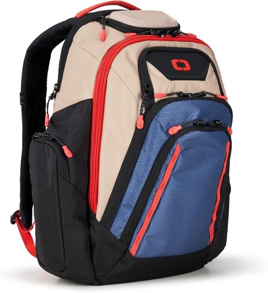 OGIO Gambio Pro Backpack Unisex, Tan/Blue/Red, Polyster, 25 L, 17-Inch Laptop Compartment, 5923028OG