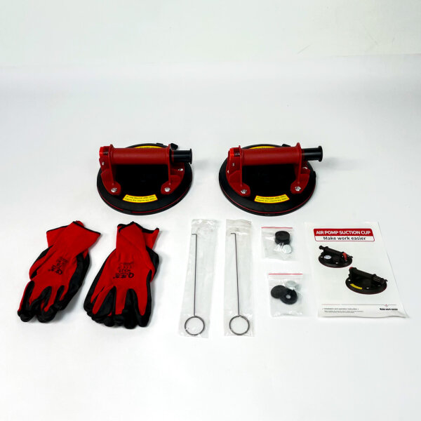 2× Vakuum-Saugheber mit Handpumpe, Glas-/Plattenheber, Rot/Schwarz, mit Handschuhen