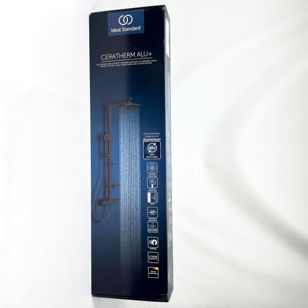 Ideal Standard Ceratherm Alu+ Brauseset mit Thermostat, Durchmesser 26 cm, 2 Strahlarten, Seide schwarz BD583XG