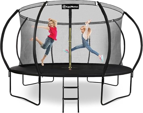 HyperMotion Kids Trampoline, 430 cm/14 ft, Ladder, Safety Net, Indoor/Outdoor, Black