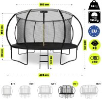HyperMotion Kids Trampoline, 430 cm/14 ft, Ladder, Safety Net, Indoor/Outdoor, Black