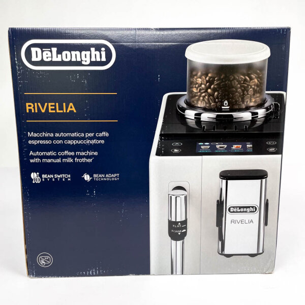 DeLonghi Rivelia EXAM440.35.W Fully Automatic Coffee Machine, 1450W, Milk Frother, 8 Drinks, Extra Shot, 3.5″ Touch Screen, Arctic White