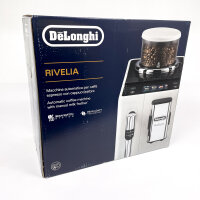 DeLonghi Rivelia EXAM440.35.W Fully Automatic Coffee Machine, 1450W, Milk Frother, 8 Drinks, Extra Shot, 3.5″ Touch Screen, Arctic White