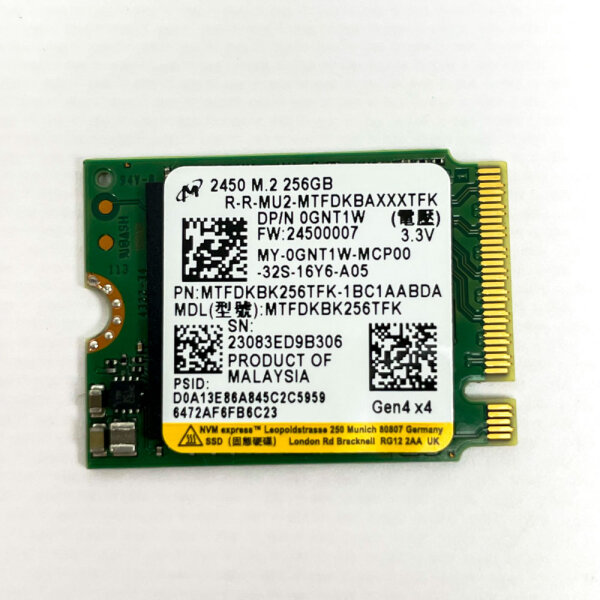 Micron 2450, 256GB M.2 SSD, PCIe Gen4 x4, NVMe, 3.3V, MTFDKBK256TFK