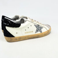 Golden Goose Super-Star Womens Sneakers, EU 39, White, Silver/Black Glitter Heel, Leather