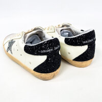 Golden Goose Super-Star Womens Sneakers, EU 39, White, Silver/Black Glitter Heel, Leather