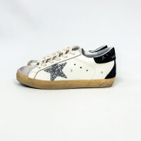 Golden Goose Super-Star Womens Sneakers, EU 39, White, Silver/Black Glitter Heel, Leather