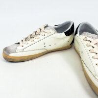 Golden Goose Super-Star Womens Sneakers, EU 39, White, Silver/Black Glitter Heel, Leather