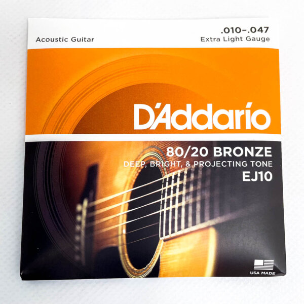 DAddario EJ10 strings, 80/20 Bronze, for Western guitars, Extra Light, gauge 10-47