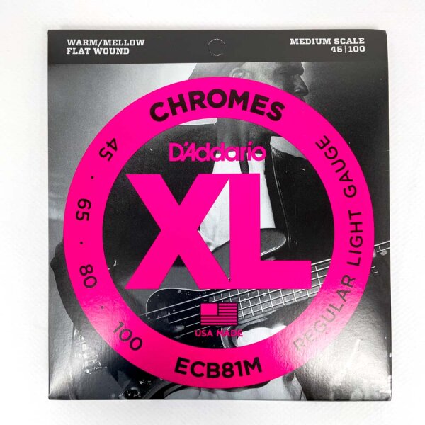 DAddario ECB81M, XL Chromes Electric Bass Guitar Strings, Normal Light, .045-.100, Medium Scale