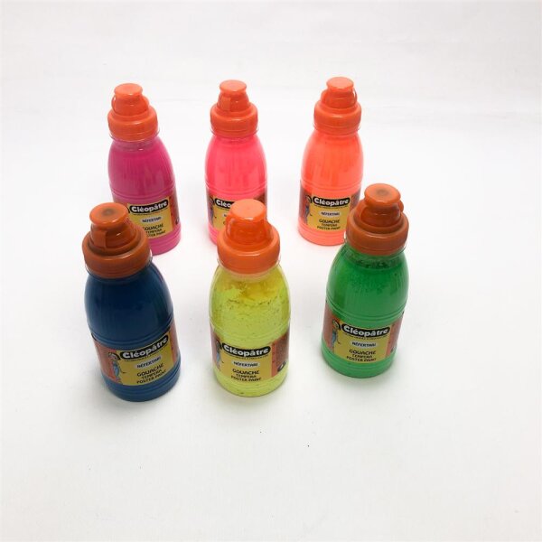 Pack of 6 Colors, Cleopatra Gouache Effect Paints, Fluorescent Yellow+Spring Green+Pink Fluo+Neon Blue+Magenta+Orange Fluo (250ml/piece)