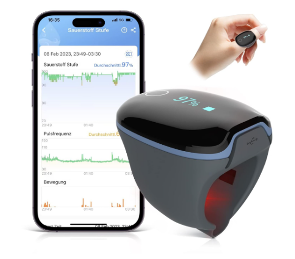 Wellue Bluetooth Finger Heart Rate Monitor, Sleep Oxygen Monitor, Overnight Low Sp-O2 Tracking, App & PC Report, Share with Your Family O-2 Ring