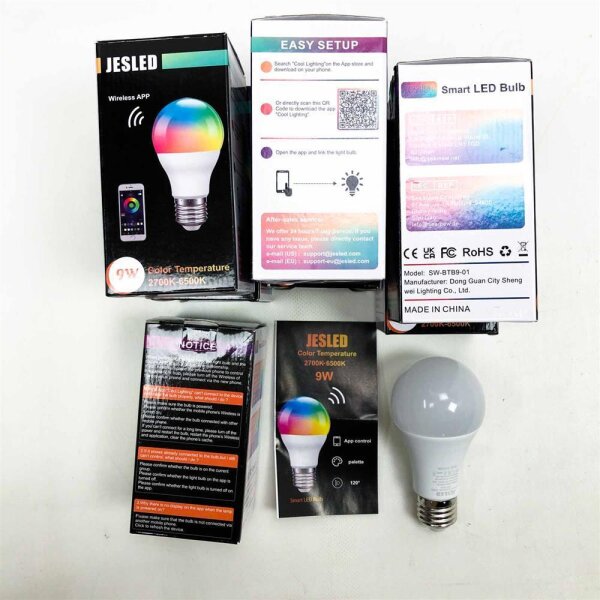 Smart lamp, JESLED light bulb E27, 9W dimmable smart light bulb, app control via Bluetooth, 2700K-6500K RGB lamp for bedroom, living room, bar, party, set of 7 pieces