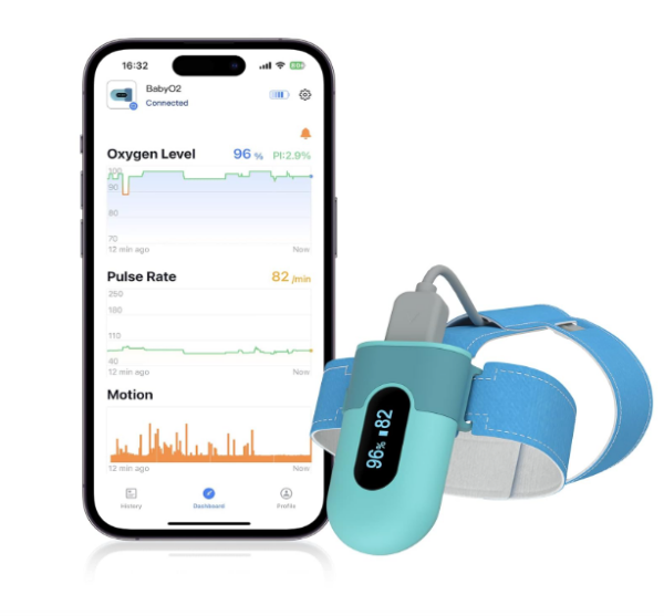 Baby O2 pulse oximeter foot, oxygen saturation meter for babies heart rate monitor, continuously track oxygen saturation and heart rate, with alarm in APP free APP & PC report